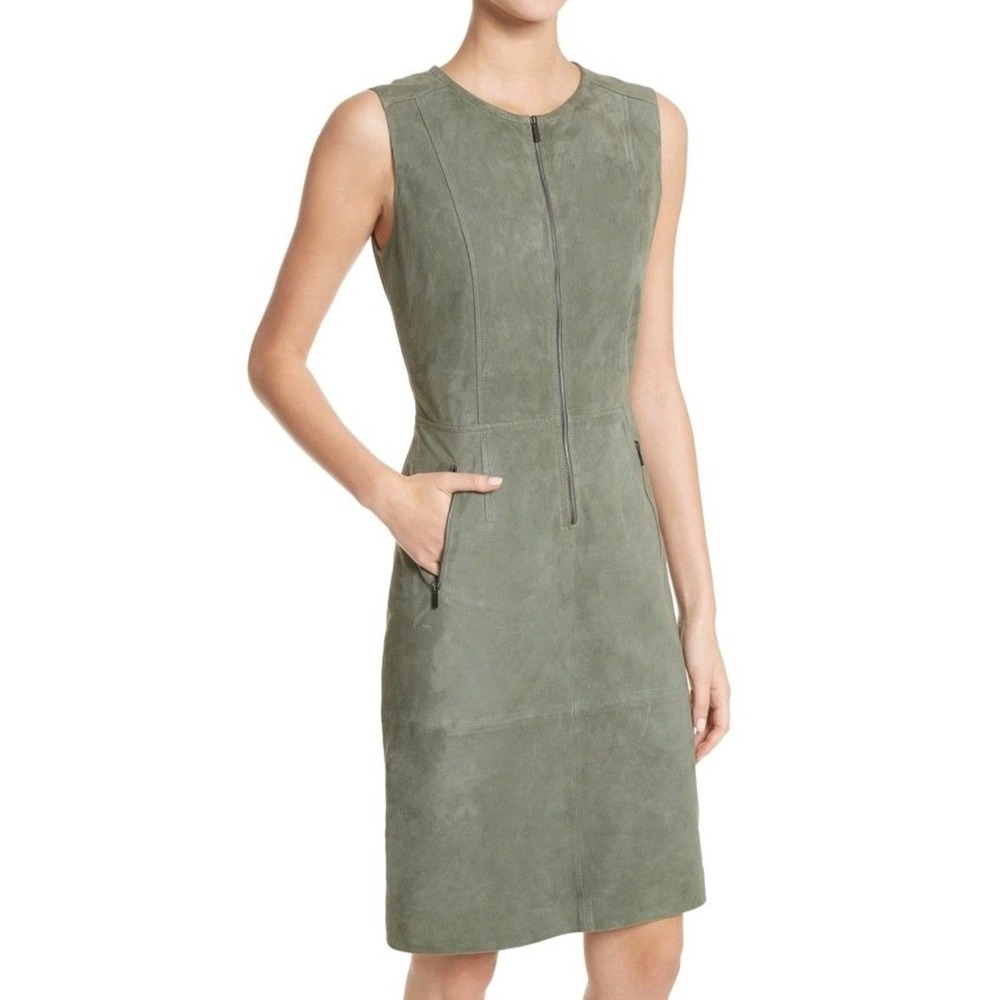 ST JOHN 8 Sleeveless Sage Green Genuine Suede Leather Zip Front Sheath Dress